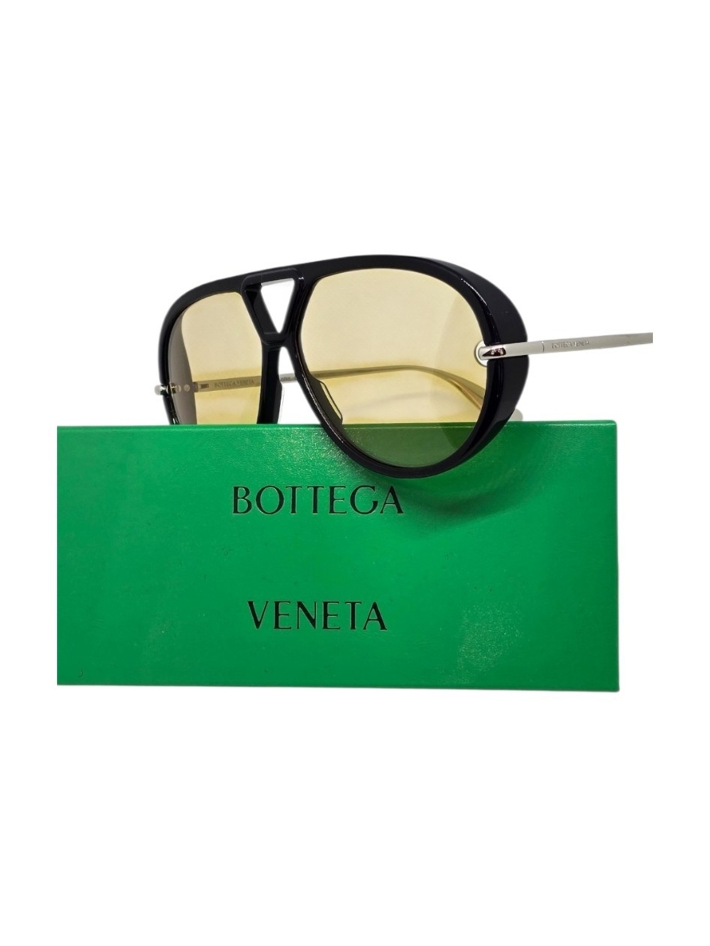 Bottega Veneta Black Frame Yellow Lens Sunglasses with Silver Temples